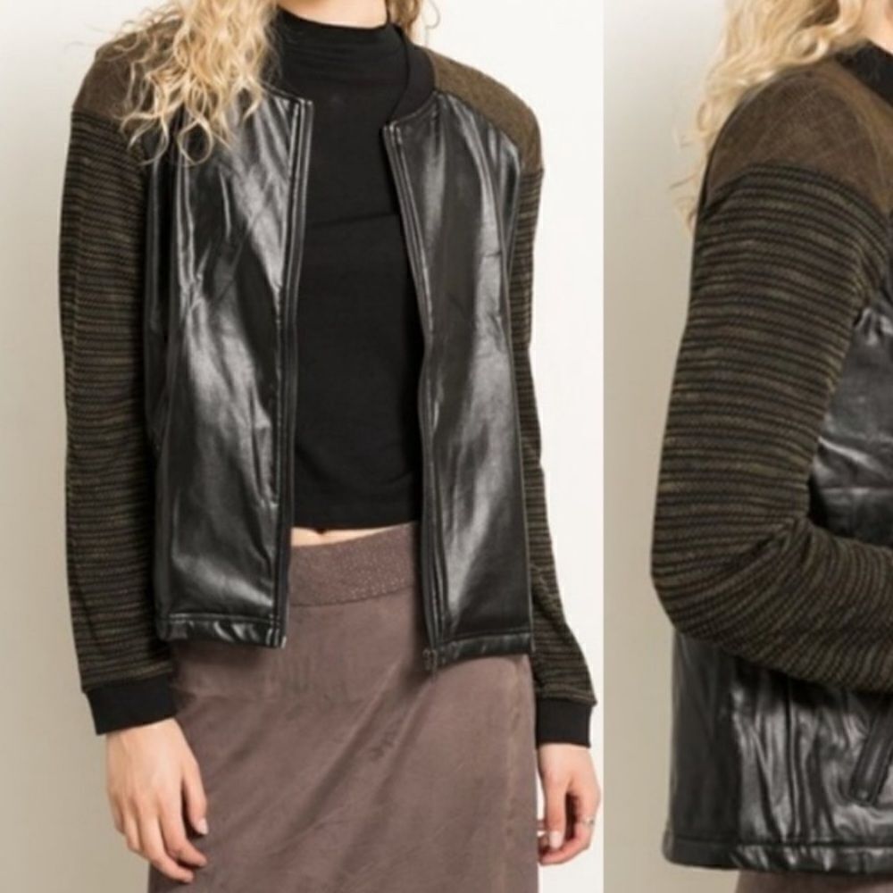 Vegan Leather/Knit Spliced Bomber Jacket - Picture 10 of 16